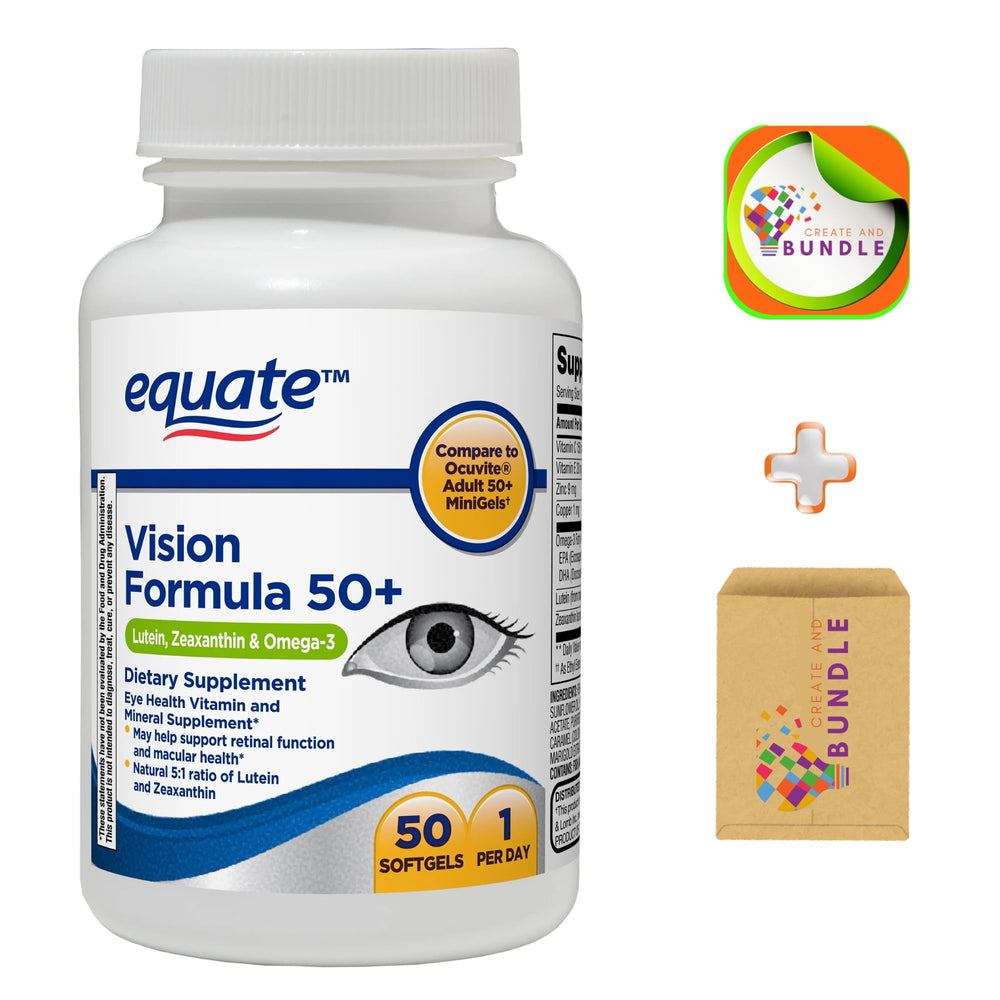 Create and Bundle Equate Vision 50+ softgel bottle showing easy swallow design for daily use