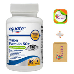 Create and Bundle Equate Vision 50+ softgel bottle showing easy swallow design for daily use
