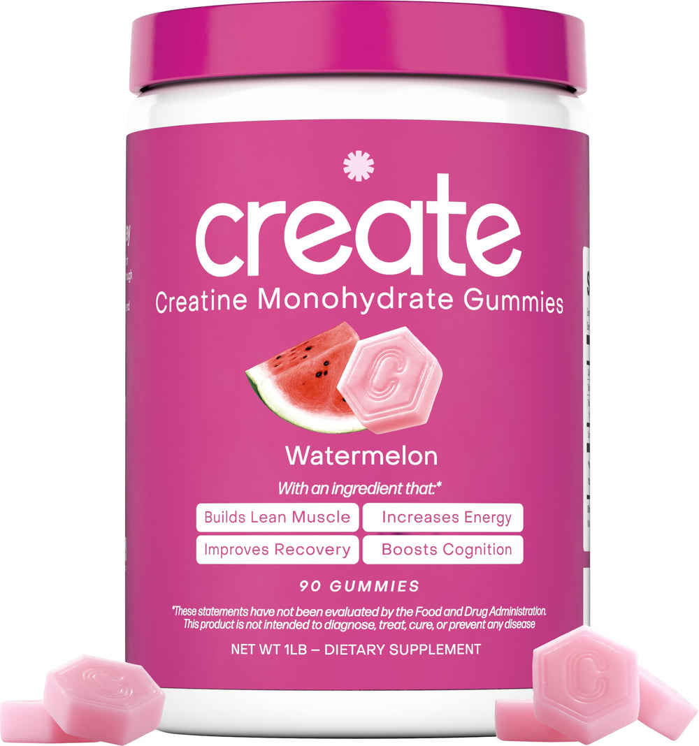 Create Creatine Gummies bottle close-up, chewy texture for on-the-go endurance.