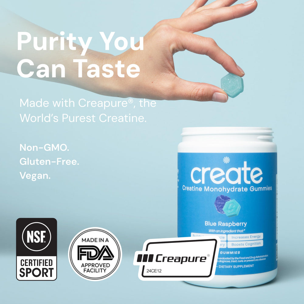 Create Creatine Monohydrate Gummies held in hand for on-the-go training.