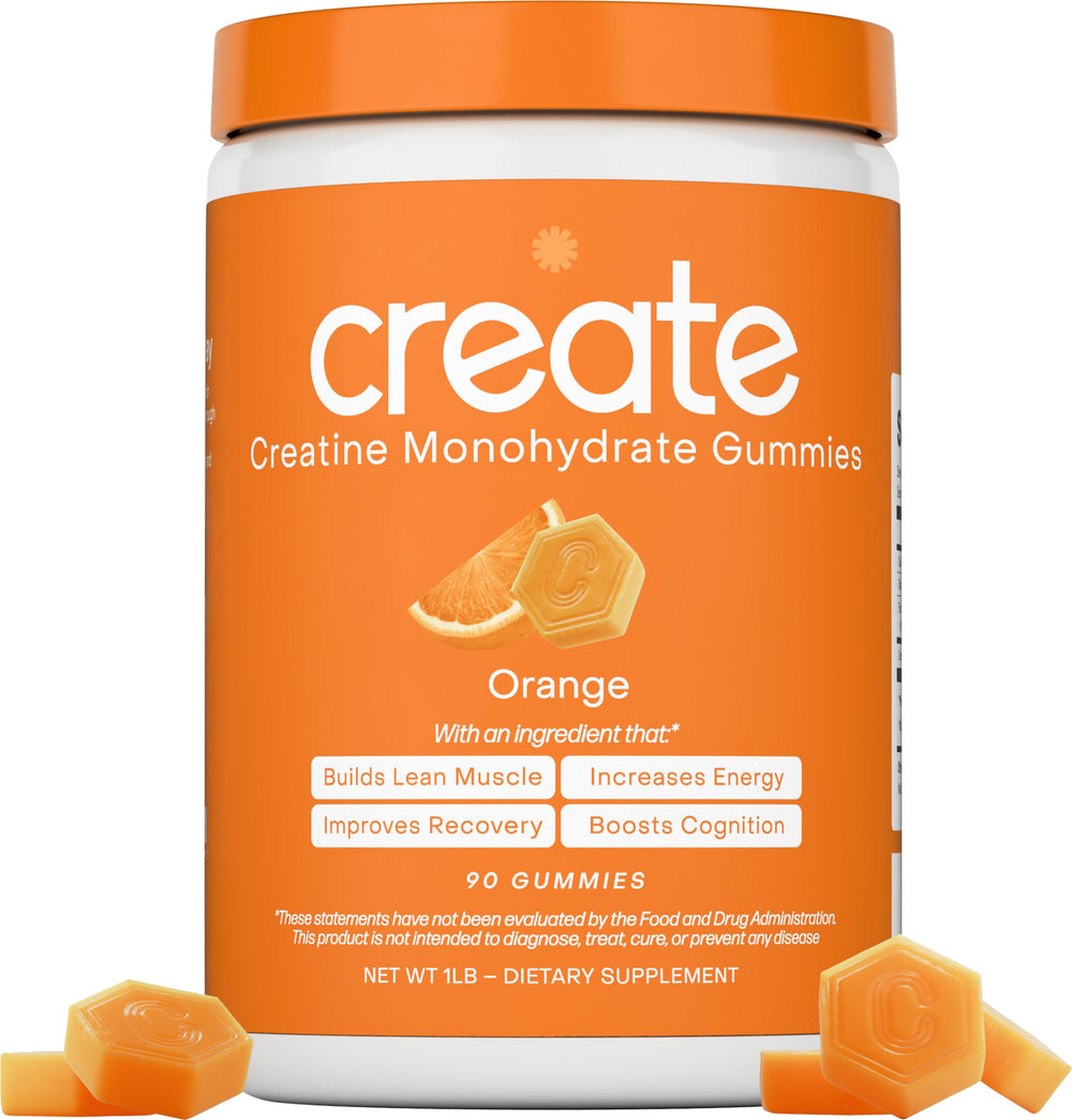 Create Creatine Monohydrate Gummies orange bottle showing convenient daily performance support