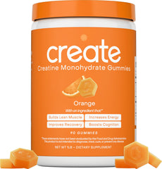 Create Creatine Monohydrate Gummies orange bottle showing convenient daily performance support
