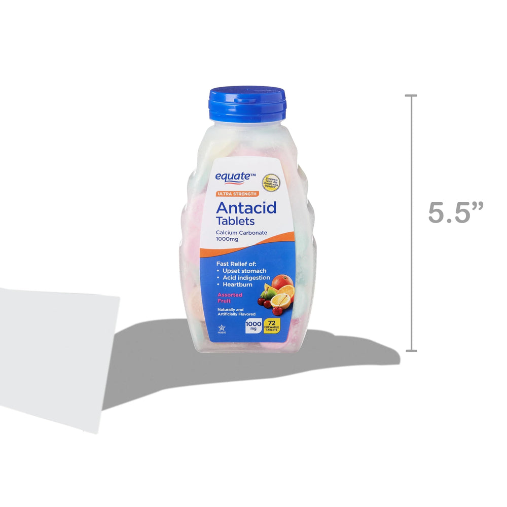 Equate 72-tablet bottle conveys long-lasting supply for home or travel.