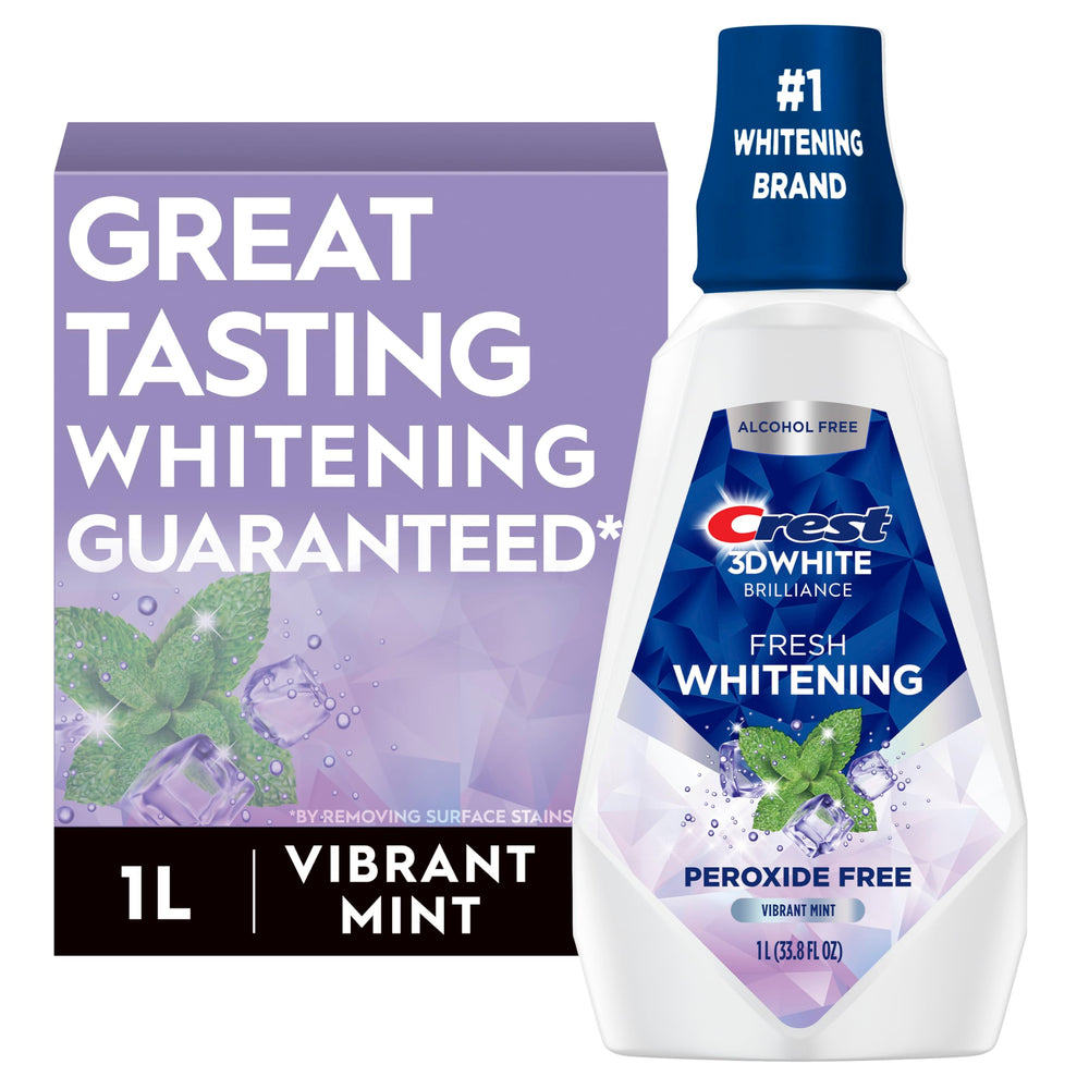 Crest 3D White Brilliance bottle front highlighting whitening action and mint scent.