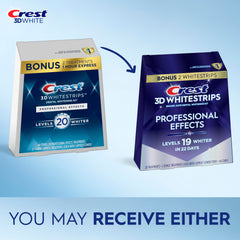 Crest 3D Whitestrips Professional Effects strip pair portrait illustrating upper and lower strips.
