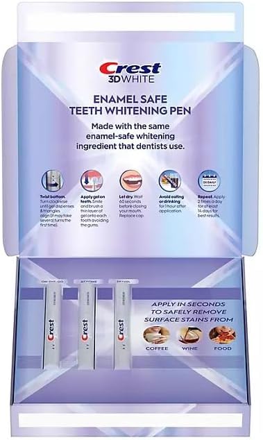Crest 3DWhite compact packaging close-up shows enamel-safe whitening pens for on-the-go use.
