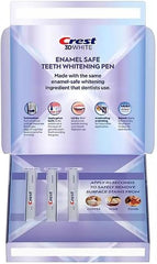Crest 3DWhite compact packaging close-up shows enamel-safe whitening pens for on-the-go use.