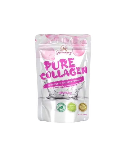 Cris Cosmetics Glowming unflavored collagen powder canister ready for daily blending into drinks for protein support.