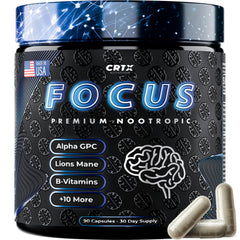 CRTX Nutrition Focus bottle front with clean label for focused study sessions.