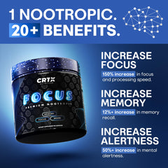 CRTX Nutrition Focus capsules closeup highlighting key ingredients for mental clarity.