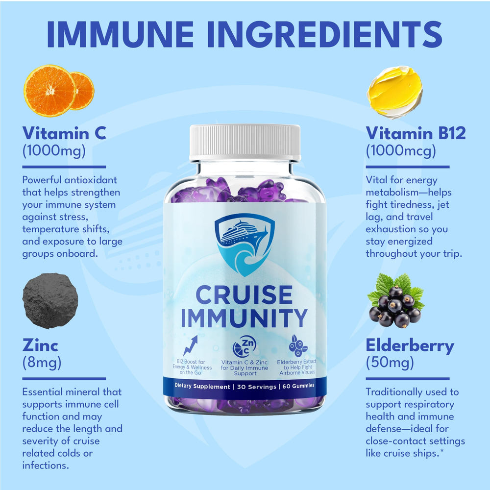 CRUISE IMMUNITY label detail highlights elderberry and vitamin C benefits