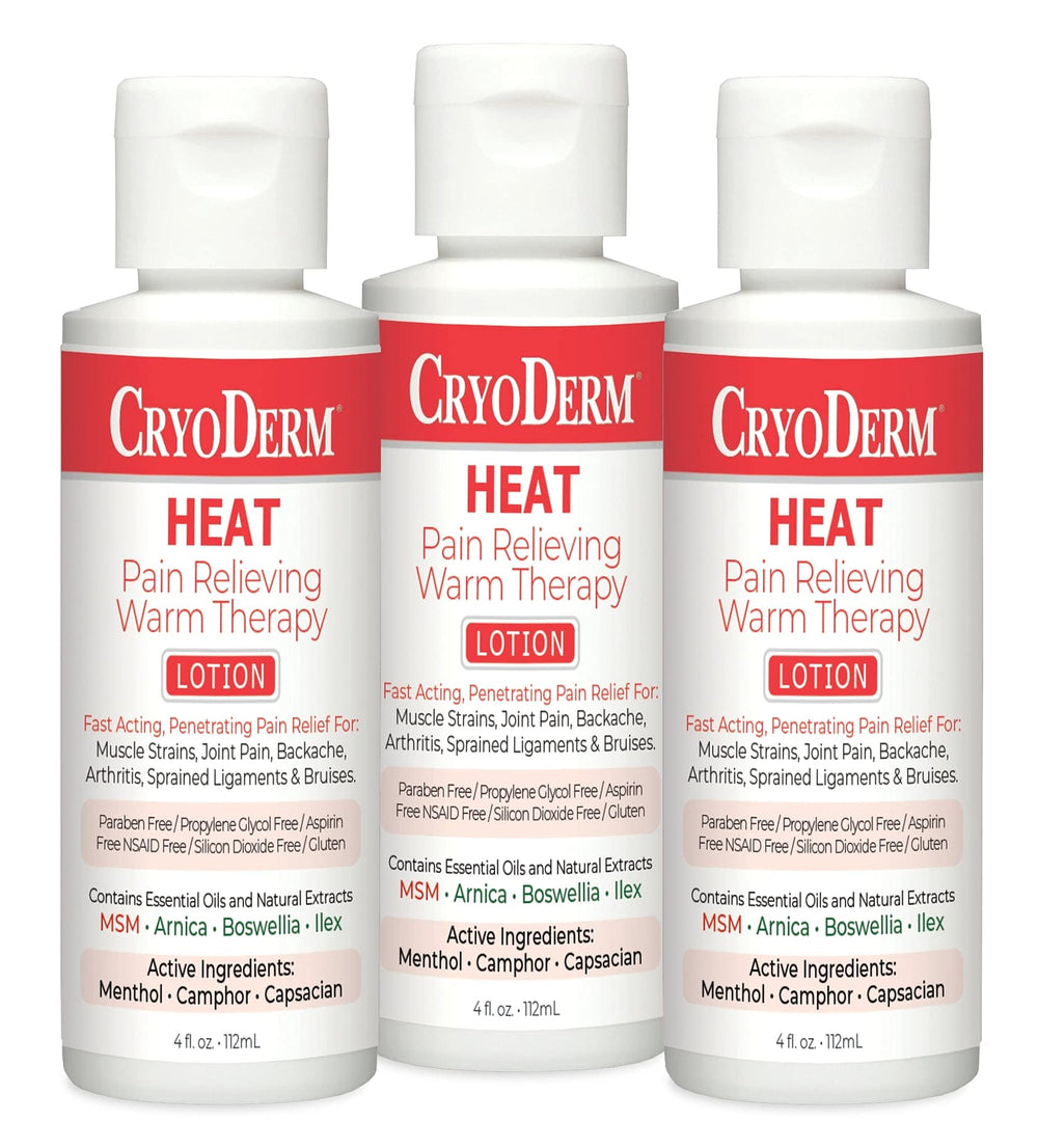 CryoDerm Heat Warming Lotion 3-pack provides soothing warmth for easy massage.