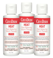CryoDerm Heat Warming Lotion 3-pack provides soothing warmth for easy massage.