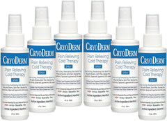 CryoDerm spray bottle front view with six-pack packaging for on-the-go cooling.