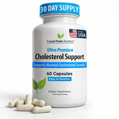 CRYSTAL PEAKS NUTRITION cholesterol bottle front showing natural circulation support.
