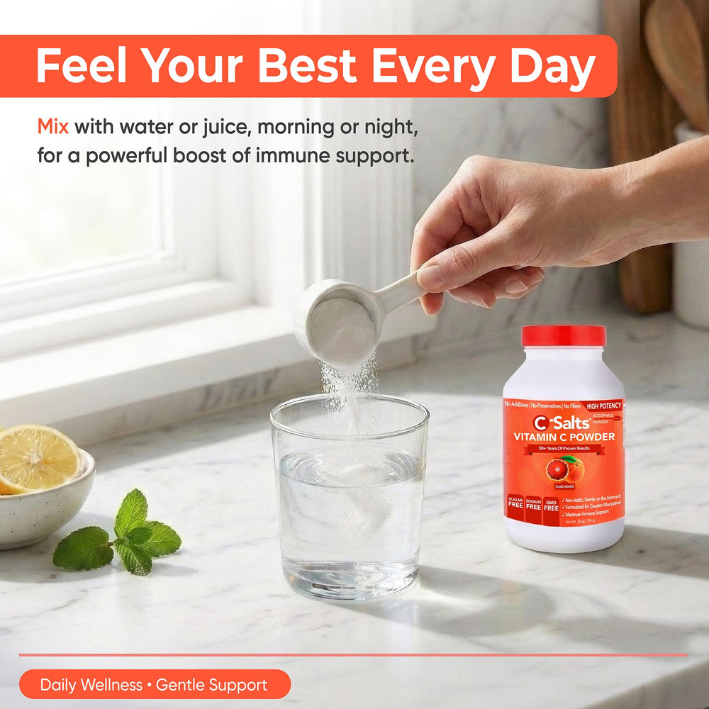 C-Salts Vitamin C powder stirred into a smoothie for convenient immunity support