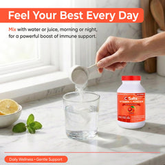 C-Salts Vitamin C powder stirred into a smoothie for convenient immunity support