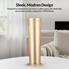 Cube Aroma CA-1200 Gold Diffuser enhances living room ambience with subtle fragrance diffusion.