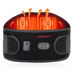 CUEHEAT heated waist belt shows cordless therapy for on-the-go relief.