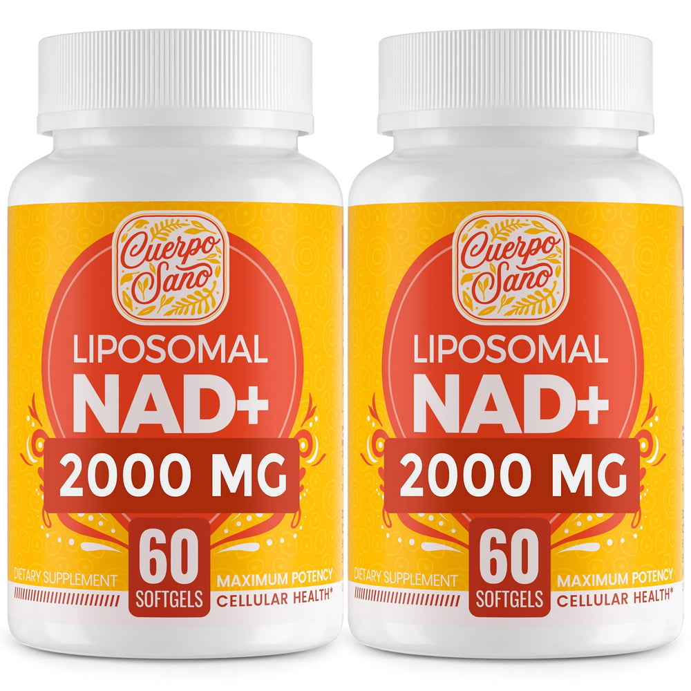 Cuerpo Sano NAD+ 2000mg liposomal bottle showing high absorption delivery.