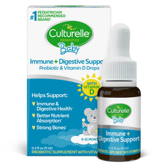 Culturelle Baby Probiotic Drops bottle pour for easy daily dosing in infants.