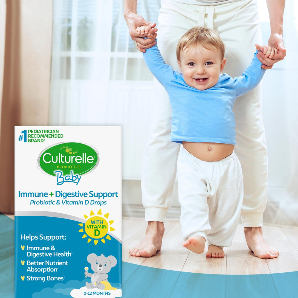 Culturelle Baby Probiotic Drops vitamin D label closeup highlights daily vitamin support.