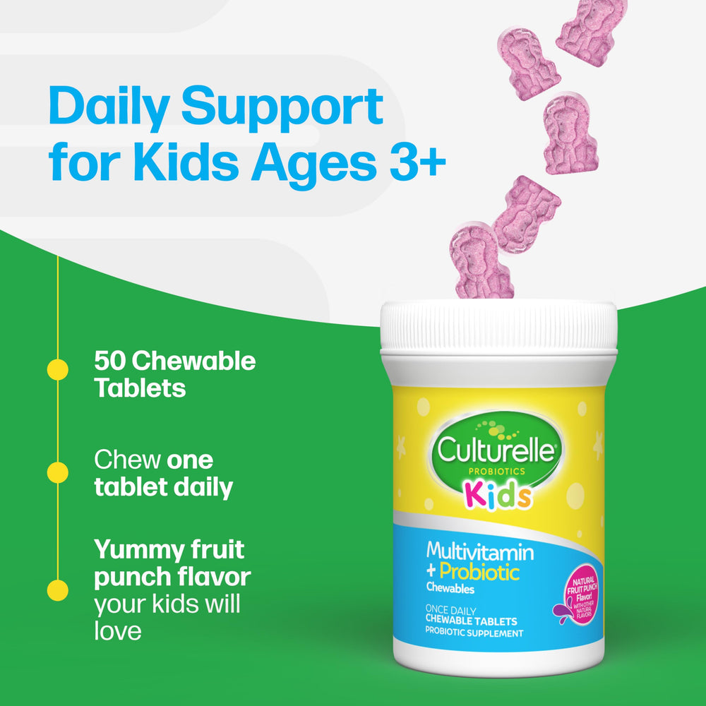 Kid taking a Culturelle chewable with a smile after breakfast.