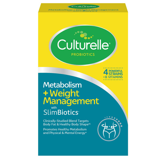 Culturelle Metabolism bottle label highlighting SlimBiotics for gut balance and weight management
