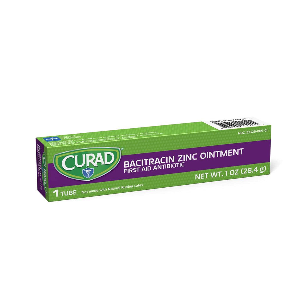 Curad Bacitracin Zinc Ointment foil packet highlighting antibiotic formula for infection prevention.