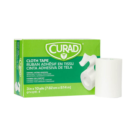 CURAD cloth silk tape roll shows 3in x 10yd size with secure hold
