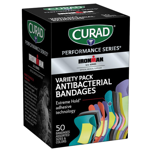 Curad Ironman antibacterial bandages with extreme hold adhesive for active workouts.