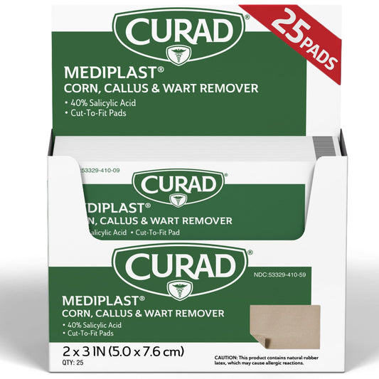Curad Mediplast 2x3 pad cut-to-fit for corn removal on the foot.