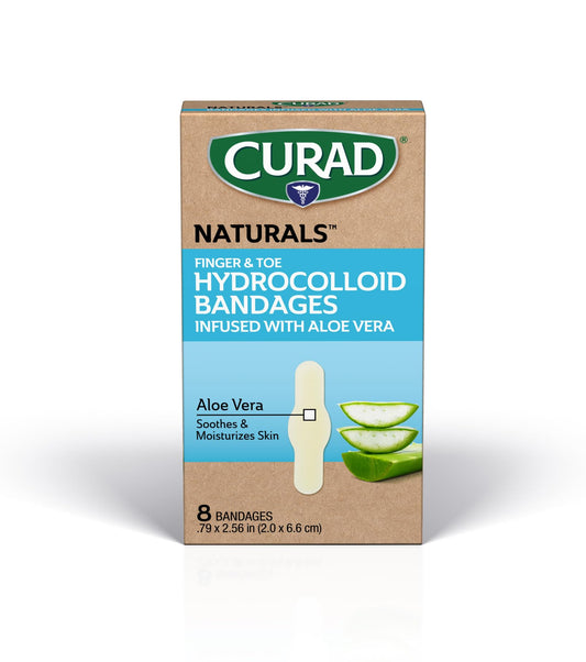 CURAD Naturals Aloe Vera hydrocolloid bandages in packaging, ready for minor injuries.