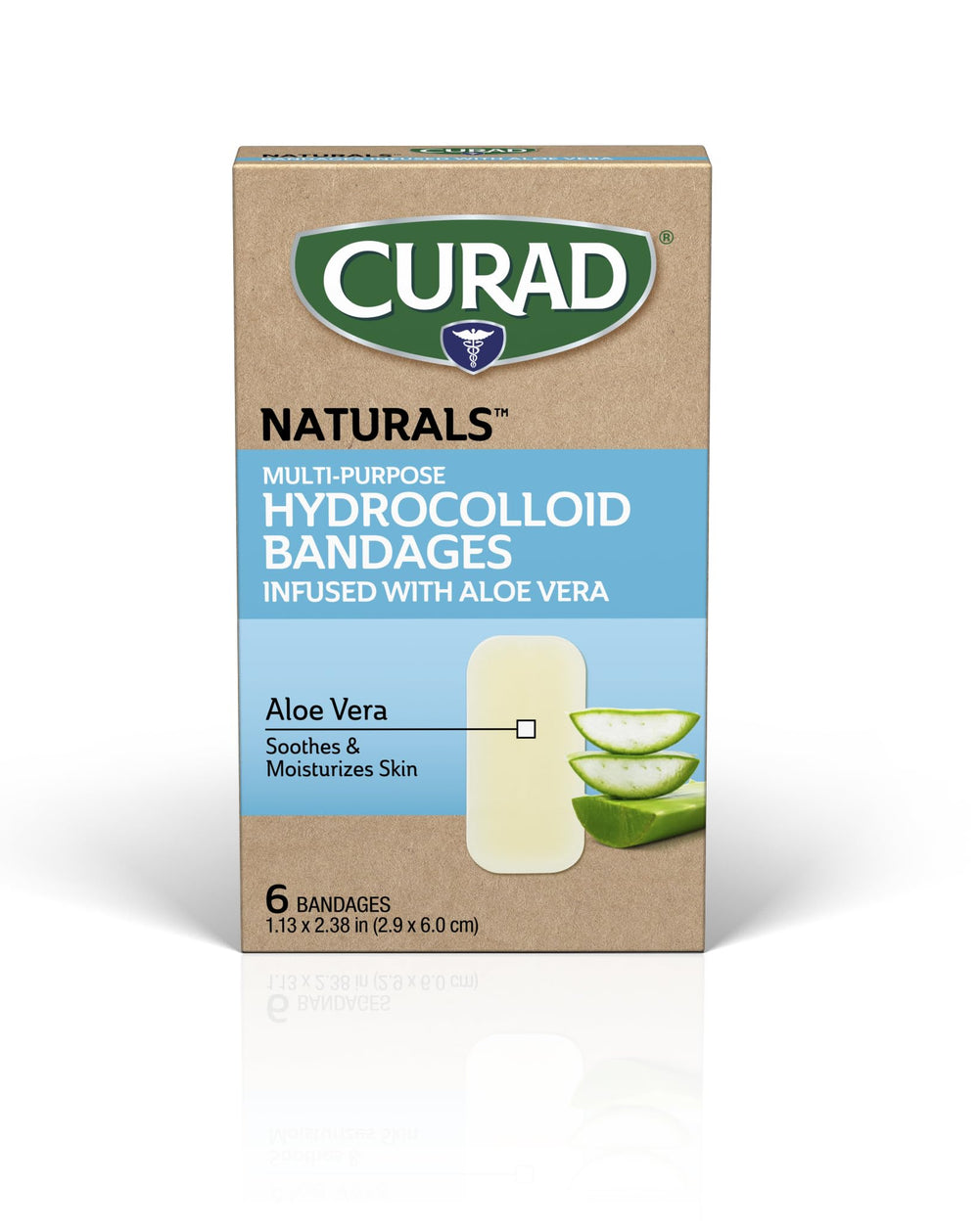 CURAD Naturals Aloe Vera hydrocolloid bandage box with six sterile patches for minor wounds.