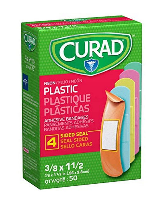Curad Neon orange plastic bandages in a sealed packet for quick first aid