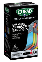 CURAD Performance Series antibacterial bandages showing extreme hold adhesive in action