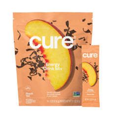 Cure Hydration Performance peach bottle shows plant-based electrolyte mix for on-the-go energy