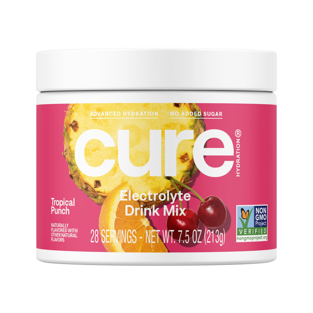 Cure Hydration Tropical Punch jar showing no added sugar electrolyte mix for daily hydration
