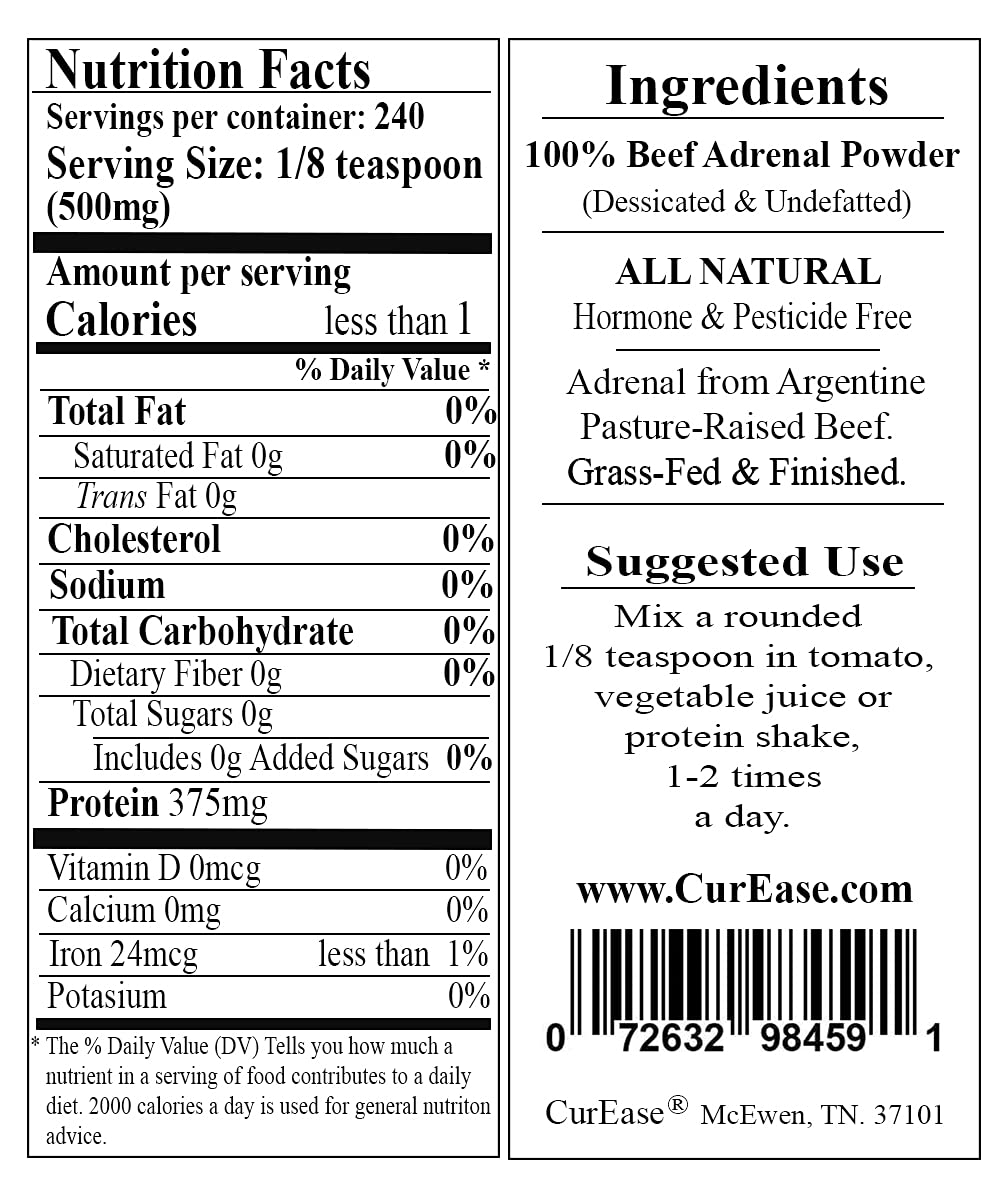 CurEase adrenal powder measuring scoop showing convenient 500 mg portions for daily use.
