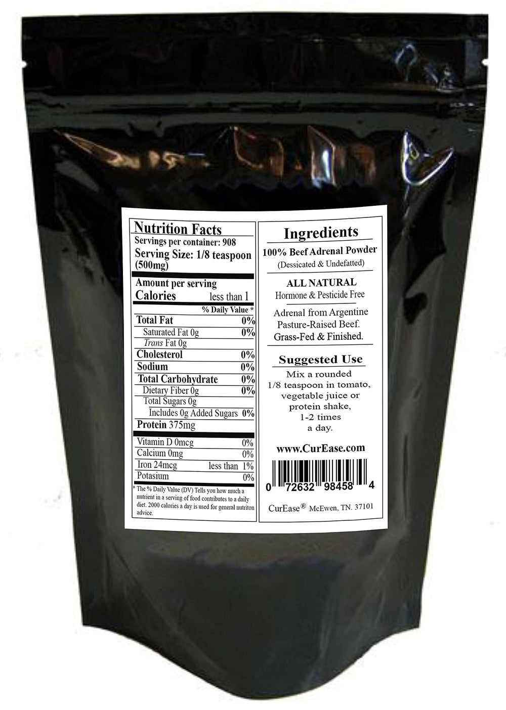 CurEase Argentine Beef Adrenal Powder dispense jar shows easy daily dosing.