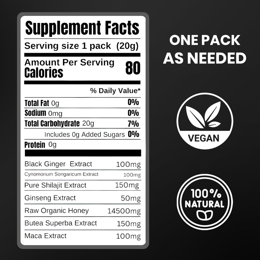 Cured Shilajit Honey Stick no fillers label highlights pure formula.