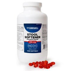 CUREWELL Stool Softener bottle showing 100mg softgels for gentle relief