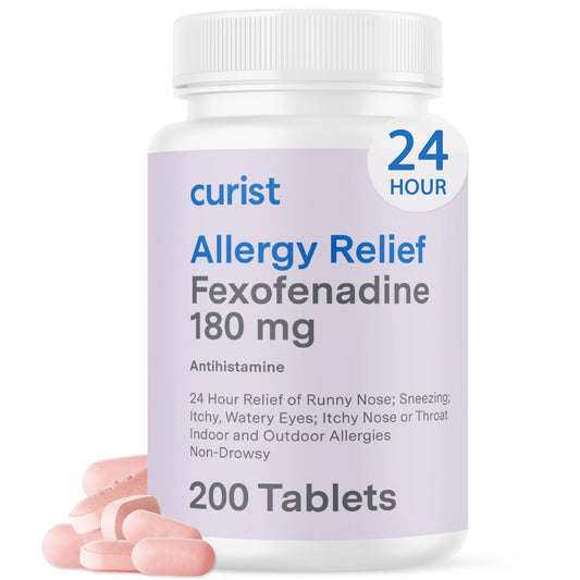 Curist fexofenadine 180 mg bottle label offers all-day allergy relief.