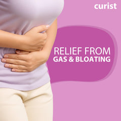 Curist Gas Relief Softgels with water demonstrates dosage after meals