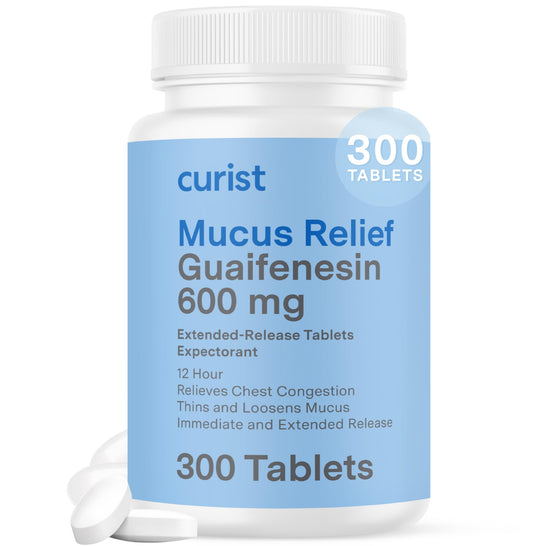 Curist guaifenesin 600mg ER tablets bottle showing extended-release format for mucus relief