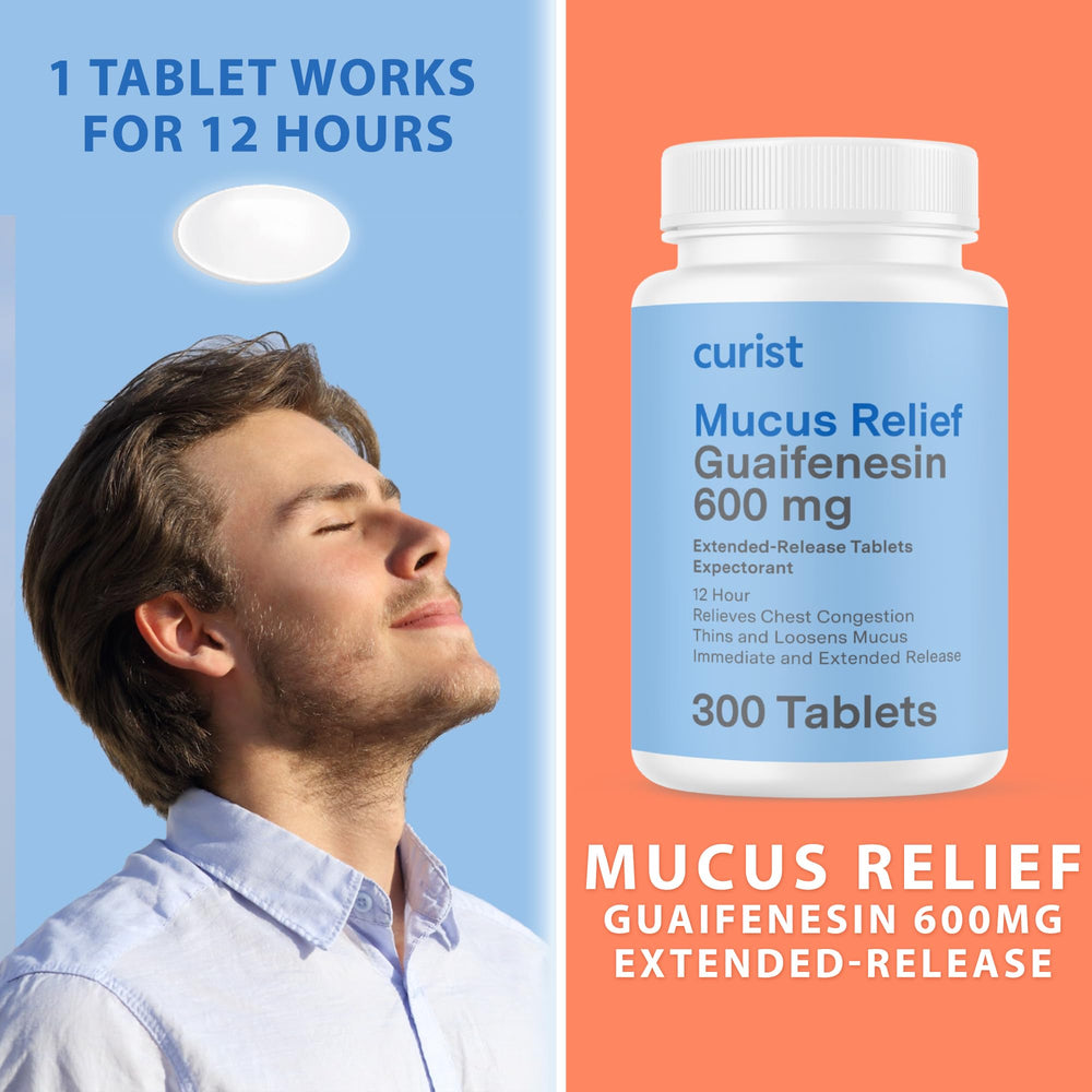 Curist guaifenesin 600 mg tablets close up showing dye free formula for sensitive users