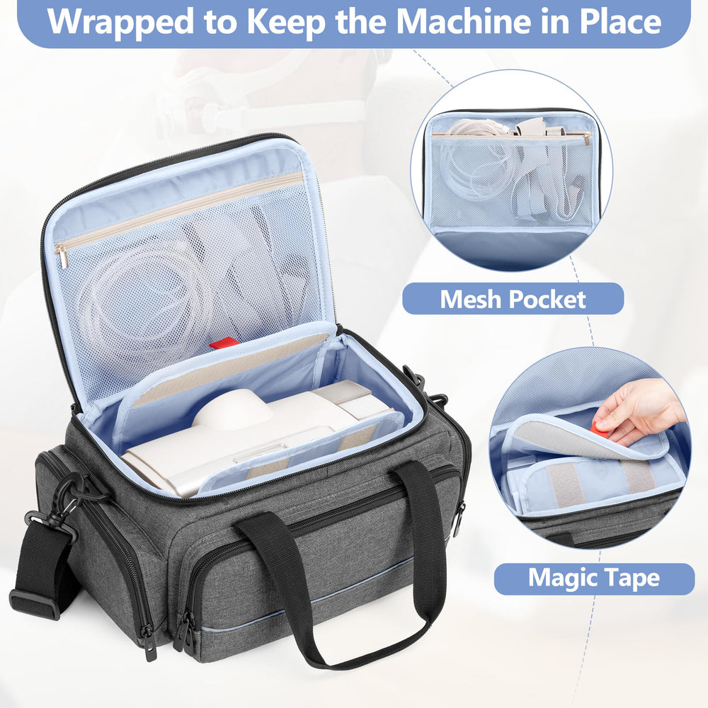 CURMIO CPAP travel bag wraparound strap keeps CPAP secure during transit