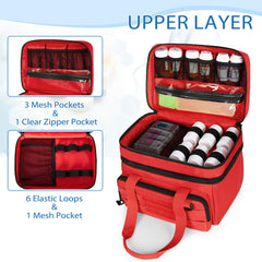 CURMIO red double-layer organizer showing organized pills and vitamins.