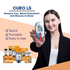 CURO L5 test strips packaging ready for quick cholesterol checks at home.