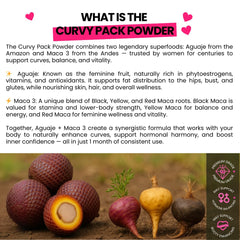 Curvy Fruit Maca 3 powder pouch aids energy and feminine fullness.